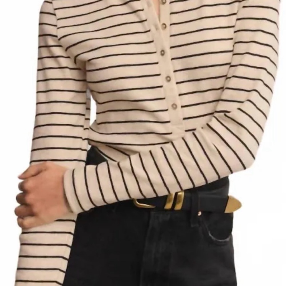 Z Supply Eve Long-Sleeve Henley Top in Oatmeal with Black Stripes
